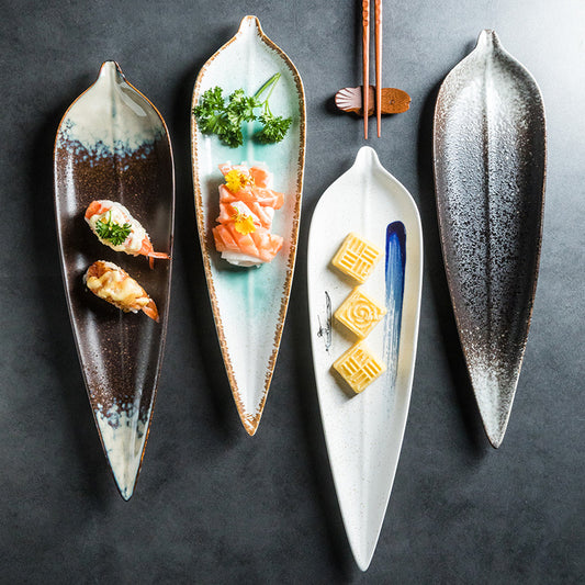 Long Tree Leaf Shaped Ceramic Plate Sushi Creativity